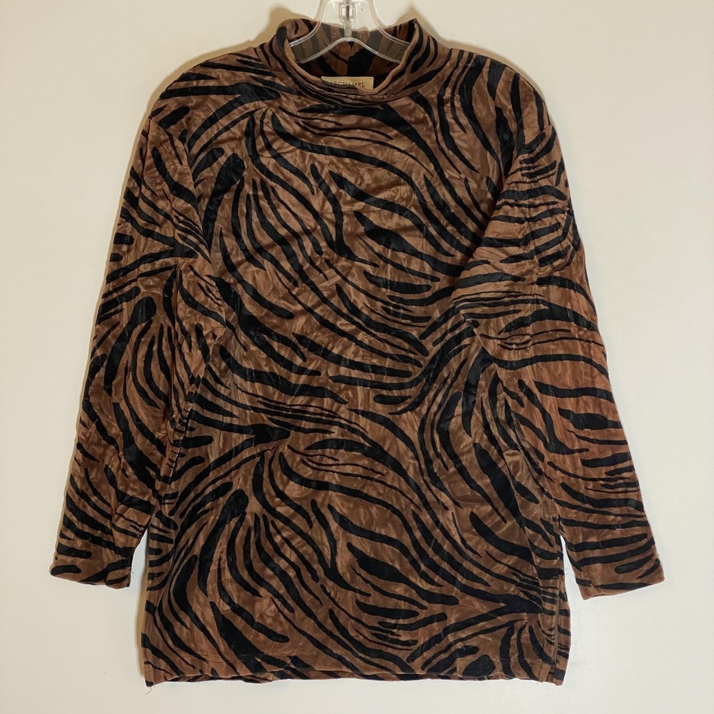 Bechamel Blouse Womens‎ Small Brown Animal Print Mock Neck Long Sleeve Tunic